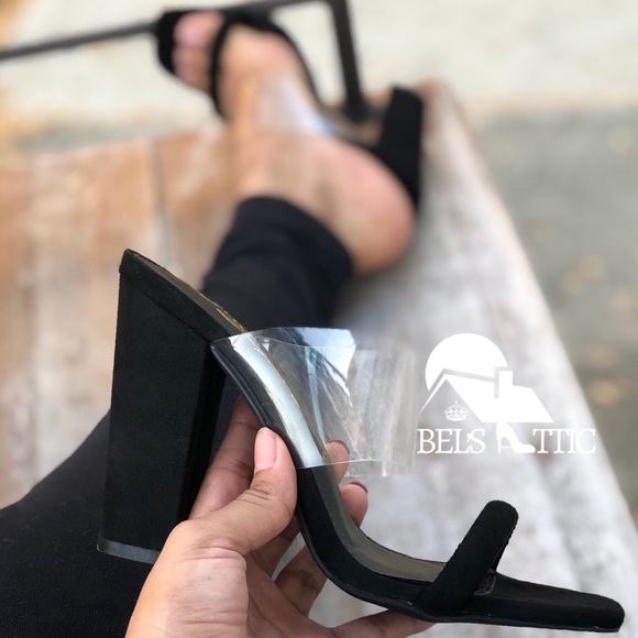 Black Vegan suede Clear PVC Strap Chunky Heels - Picture 5 of 6